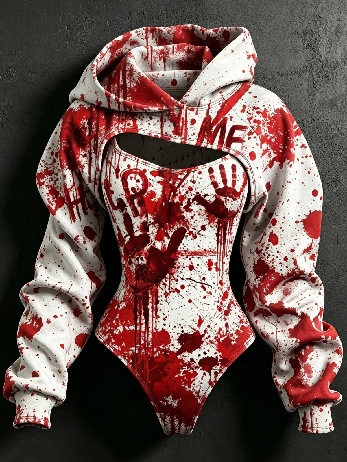 Women's Retro Halloween Bloodstain Help Handprint Print Hoodie Two-piece Set