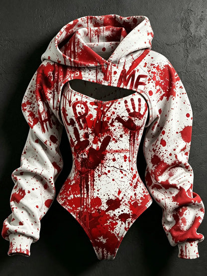 Women's Retro Halloween Bloodstain Help Handprint Print Hoodie Two-piece Set