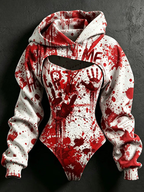 Women's Retro Halloween Bloodstain Help Handprint Print Hoodie Two-piece Set