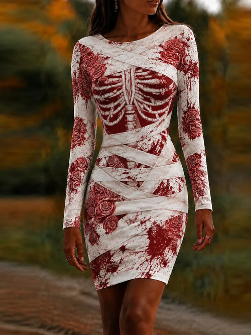 Women's Halloween Dark Gothic Skeleton And Bandage Art Crew Neck Long Sleeve Dress