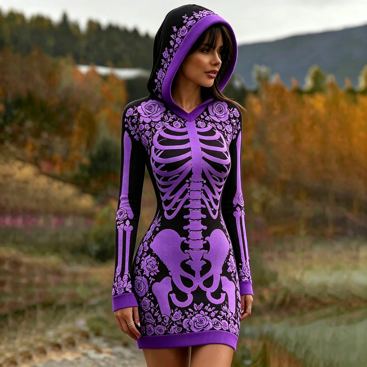 Women's Vintage Halloween Skeleton Bones With Rose Art Cozy Knit Hooded Sweater Dress