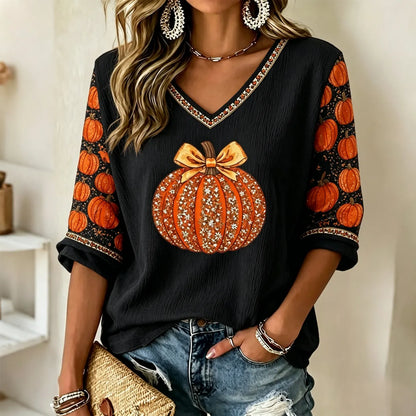 Women's Autumn Pumpkin Rhinestone Pattern Casual Mid-sleeve T-shirt