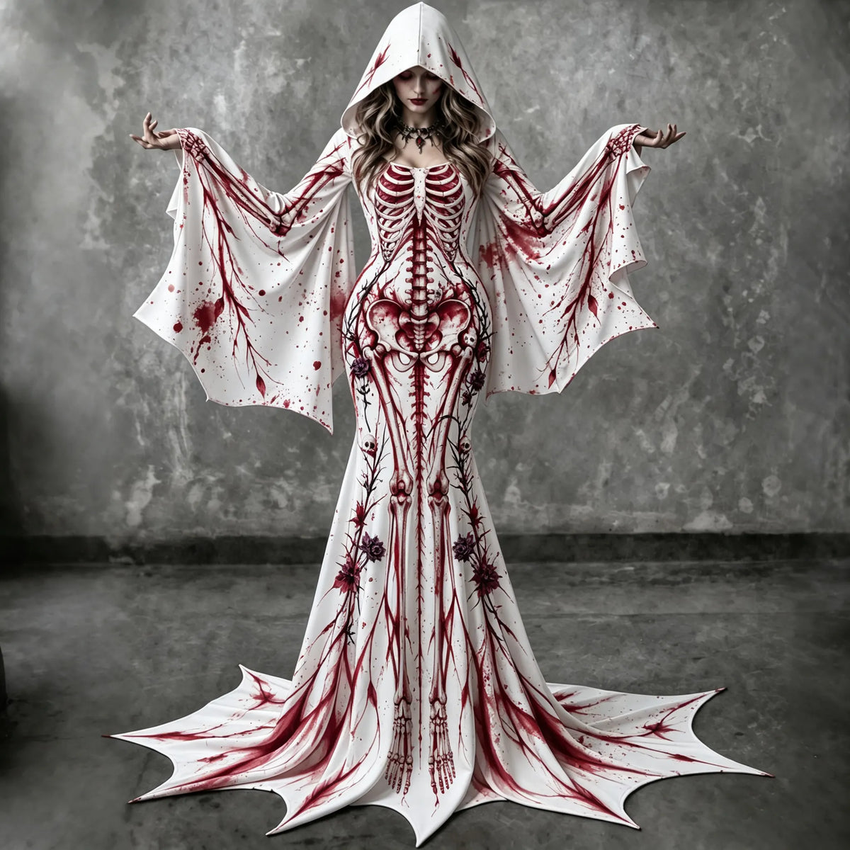 Women's Vintage Gothic Skeleton With Floral Batwing Flare Sleeve Round Neck Bodycon Maxi Dress With Hooded – Halloween Costume