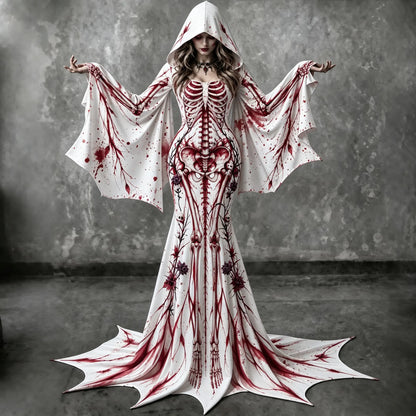 Women's Vintage Gothic Skeleton With Floral Batwing Flare Sleeve Round Neck Bodycon Maxi Dress With Hooded – Halloween Costume