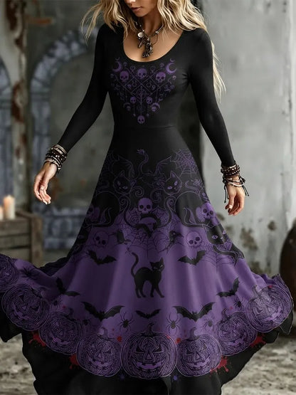 Women's Gothic Purple Gradient Skull, Black Cat And Pumpkin Long Sleeve Maxi Dress