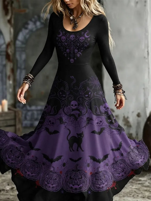 Women's Gothic Purple Gradient Skull, Black Cat And Pumpkin Long Sleeve Maxi Dress