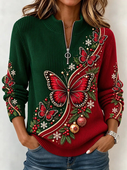 Women's  Christmas Red Bow and Holly Berry Print Half Zip Stand Collar Sweatshirt