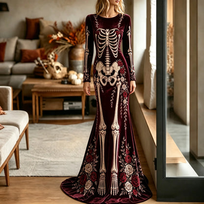Women's Halloween Gothic Style Gothic Skeleton & Floral Pattern Velvet Long Dress