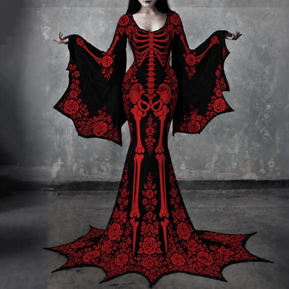Women's Gothic Skeleton With Red Roses Batwing Flare Sleeve Round Neck Bodycon Maxi Dress – Halloween Costume