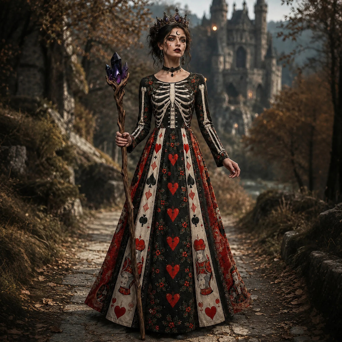 Women's Halloween Gothic Skeleton & Poker Print Pattern Maxi Dress