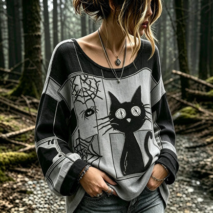 Women's Vintage Shock Spider Black Cat Patchwork Art Long Sleeve T-shirt