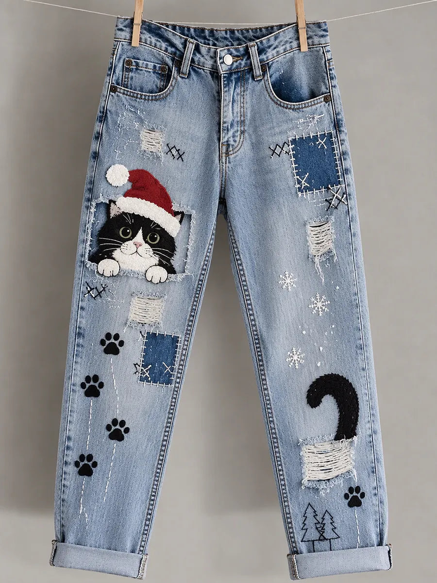 Women'S Christmas Cat Printed Casual Jeans