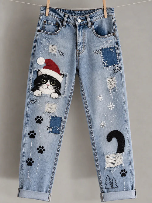 Women'S Christmas Cat Printed Casual Jeans