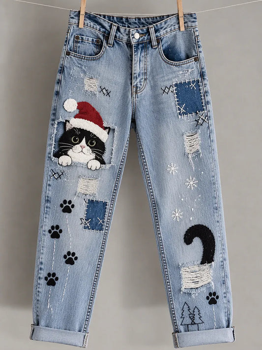 Women'S Christmas Cat Printed Casual Jeans