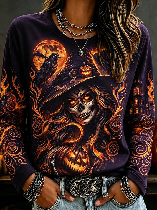 Women's Halloween-themed Printed Crew Neck Long-sleeved T-shirt