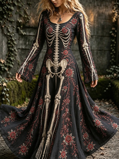 Women's Vintage Halloween Gothic Skeleton Roses Floral Art Print Long Sleeve Linen Maxi Dress