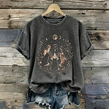 Women's Halloween Cat And Sun & Moon Print T-shirt