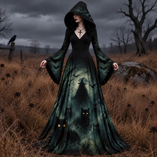 Women's Halloween Wizard Black Cat Art Long-sleeve Hooded Long Dress