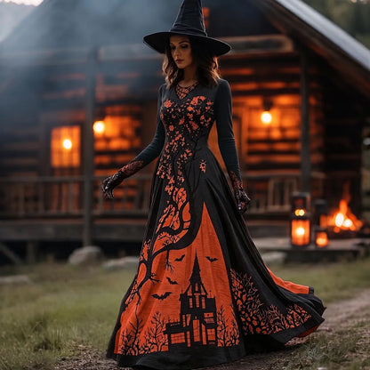 Women's Halloween Gradient Treehouse Design Witch V-neck Maxi Dress