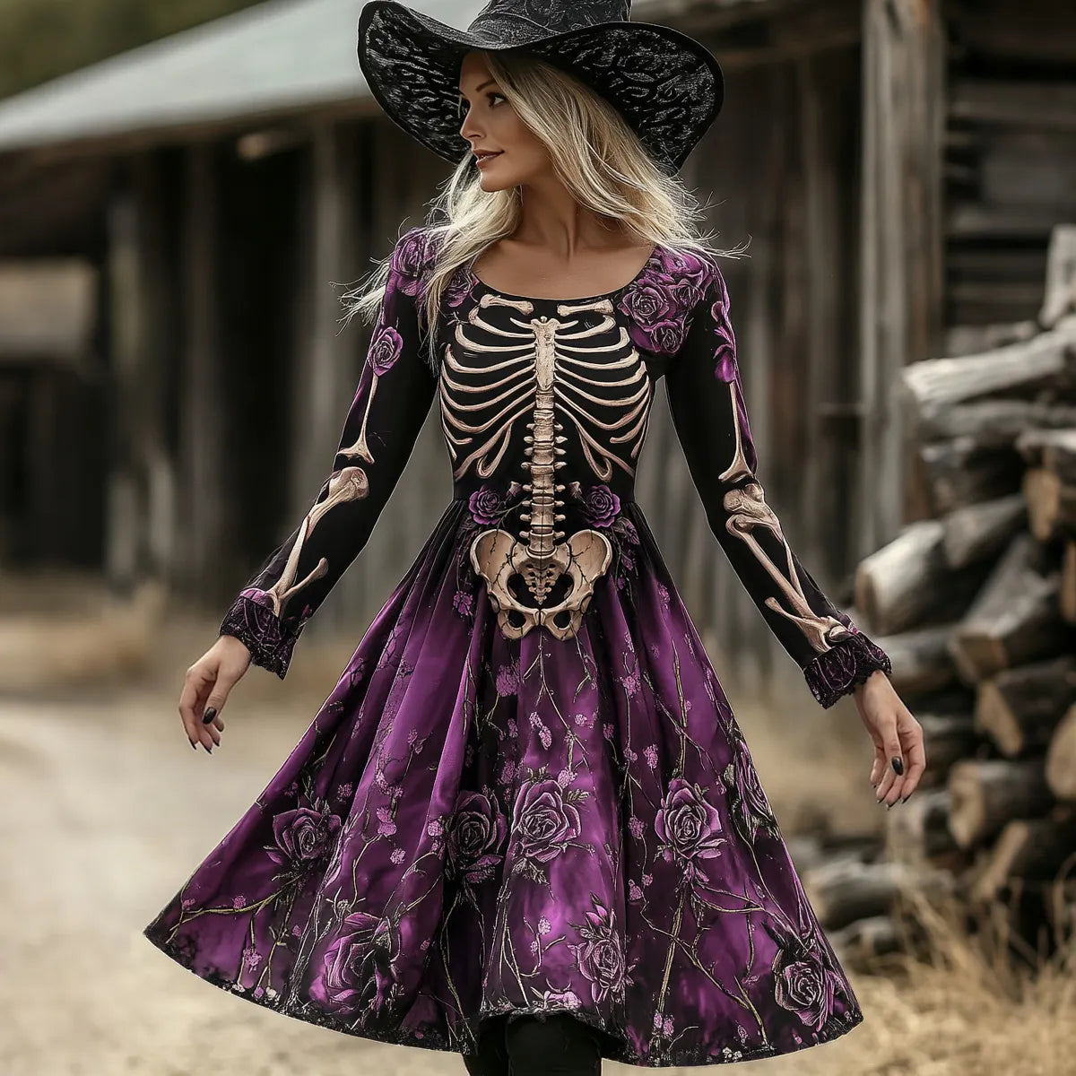 Women's Retro 1692 Halloween Skull And Spiderweb Print Casual  Dress