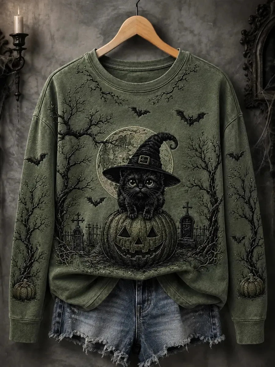 Women's Halloween Black Cat Print Sweatshirt