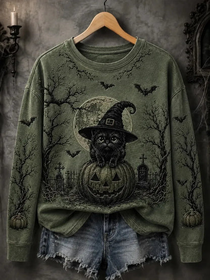 Women's Halloween Black Cat Print Sweatshirt