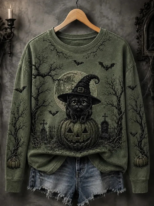 Women's Halloween Black Cat Print Sweatshirt