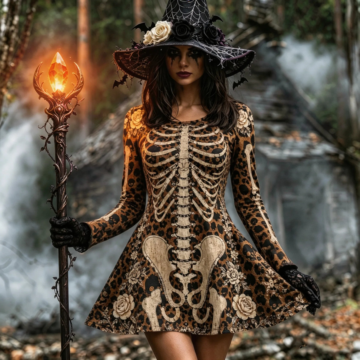 Women's Halloween Jacquard Pattern Human Skull In Leopard Art Round-neck Mini Dress