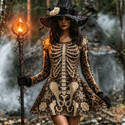 Women's Halloween Jacquard Pattern Human Skull In Leopard Art Round-neck Mini Dress