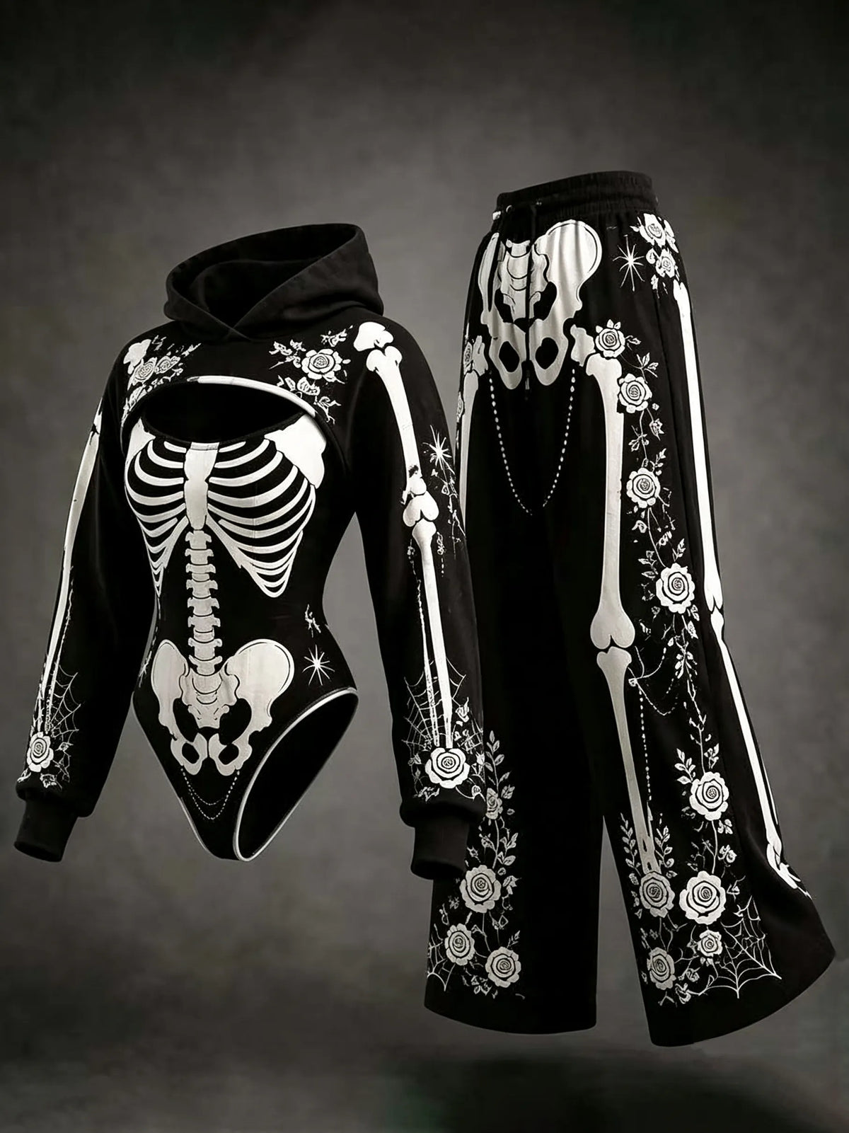 Women's Retro Halloween Skeleton Rose Print Hoodie Three-piece Set