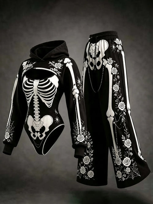 Women's Retro Halloween Skeleton Rose Print Hoodie Three-piece Set