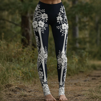 Women's Vintage Halloween Skeleton & Rose Art Leggings