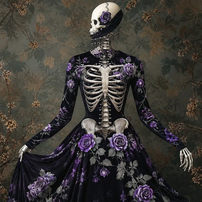 Women's Vintage Halloween Gothic Art Anatomy And Floral Art Comfortable Velvet Crew Neck Long Sleeve Dress
