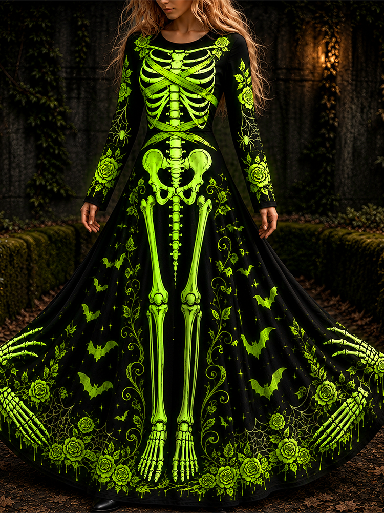 Women's Long-sleeve Maxi Dress Featuring Full Human Skeleton And Rose Vines Print