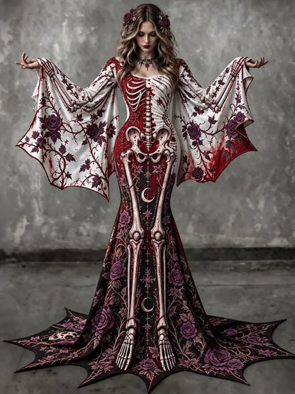 Women's Gothic Skeleton With Floral Batwing Flare Sleeve Round Neck Bodycon Maxi Dress – Halloween Costume