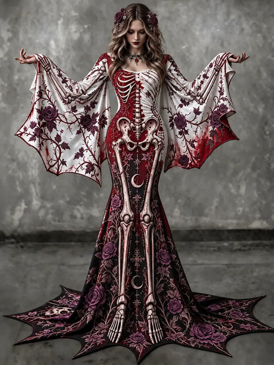 Women's Gothic Skeleton With Floral Batwing Flare Sleeve Round Neck Bodycon Maxi Dress – Halloween Costume