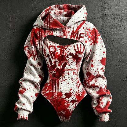Women's Retro Halloween Bloodstain Help Handprint Print Hoodie Two-piece Set