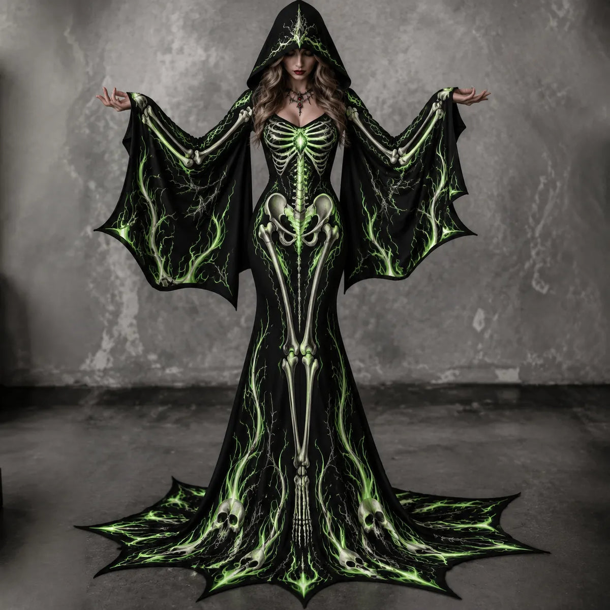 Women's Vintage Gothic Skeleton Batwing Flare Sleeve Round Neck Bodycon Maxi Dress With Hooded – Halloween Costume