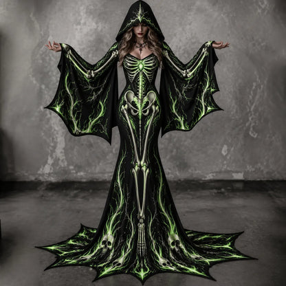Women's Vintage Gothic Skeleton Batwing Flare Sleeve Round Neck Bodycon Maxi Dress With Hooded – Halloween Costume