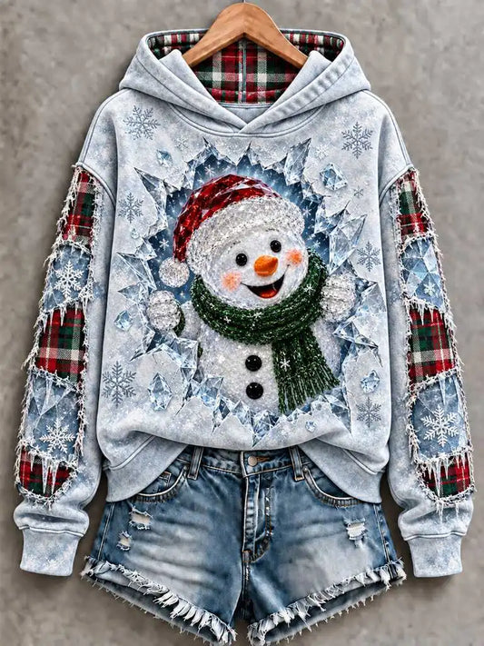 Women's Snowman Break Through Ice Print Hoodie