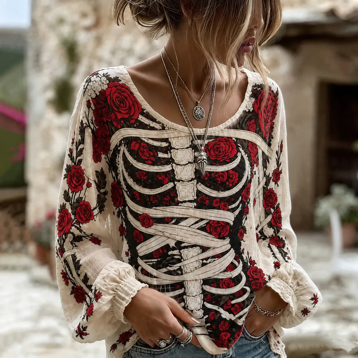 Women's Retro Halloween Bloody Human Skeleton With Floral Art Casual Long Sleeve Tops