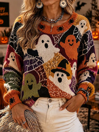 Women's Halloween Spooky Ghost And Spiderweb Art Casual Crewneck Sweater