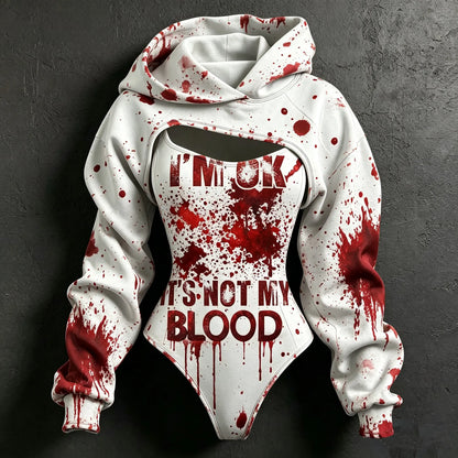 Women's Retro Halloween Bloodstain 'i'm Ok It's Not My Blood' Print Hoodie Two-piece Set