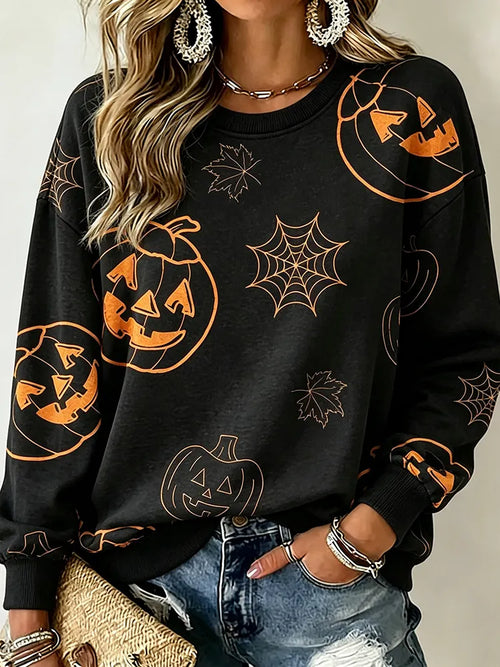 Women's Retro Halloween Pumpkin Smiley Face Print Casual Sweatshirt