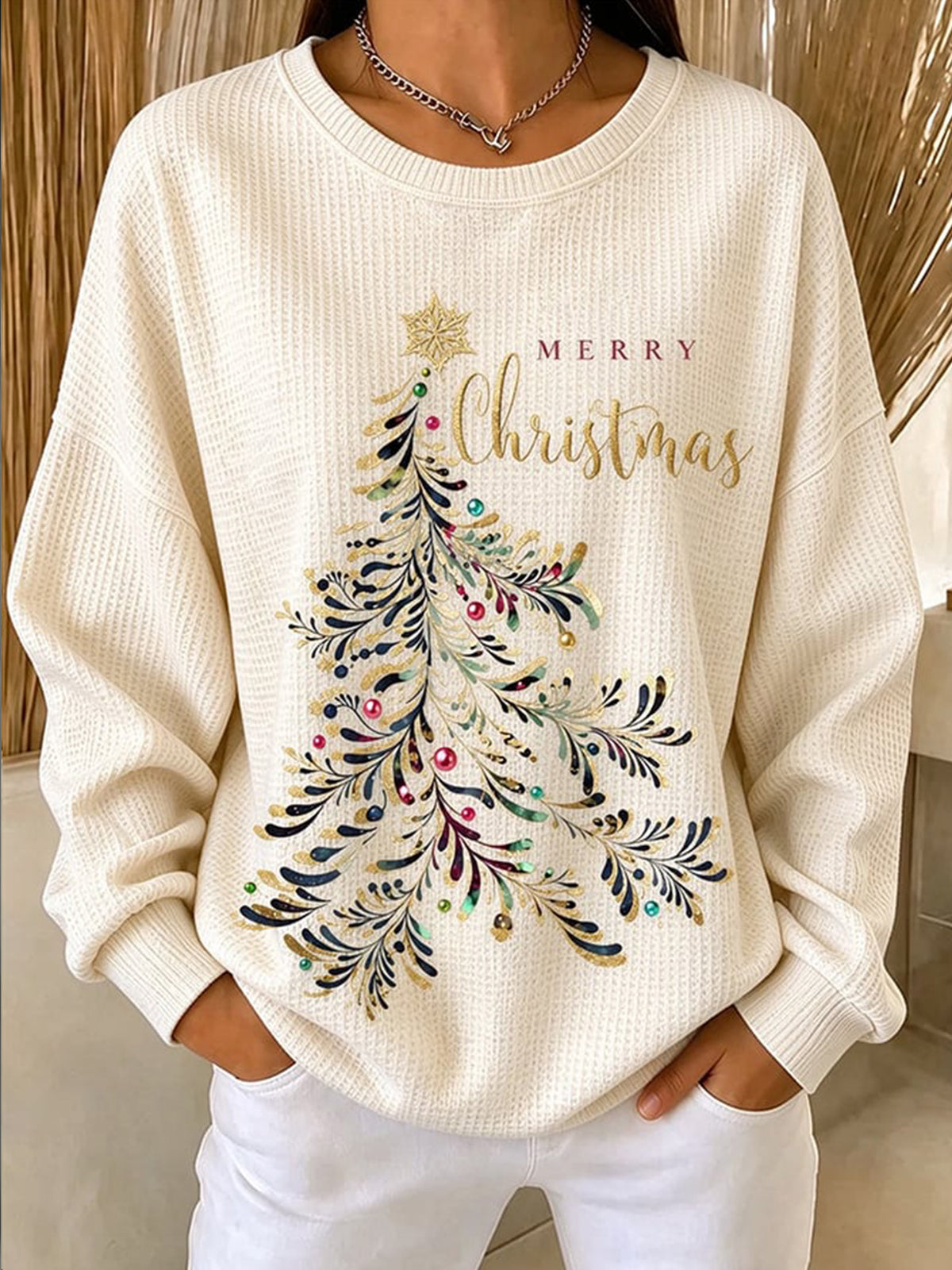 Women's Casual Waffle-Knit Top - ivory