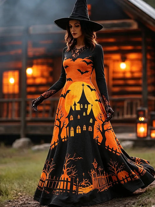 Women's Vintage Halloween Art Print V Neck Long Sleeve Maxi Dress