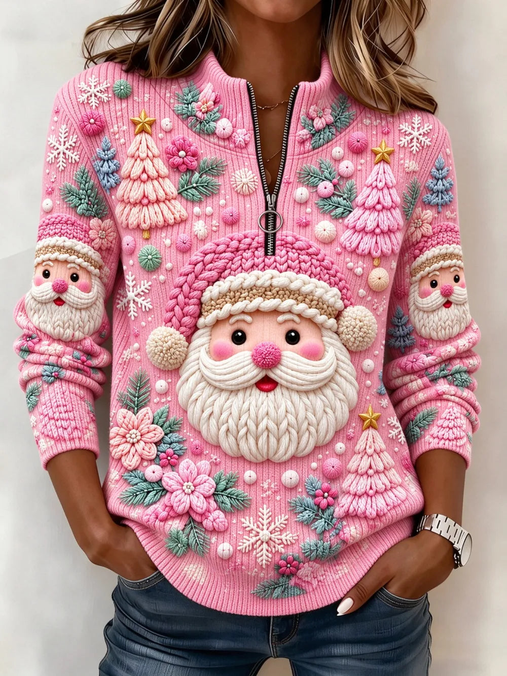 Women'S Christmas tree Print Half Zip Stand Collar Sweatshirt