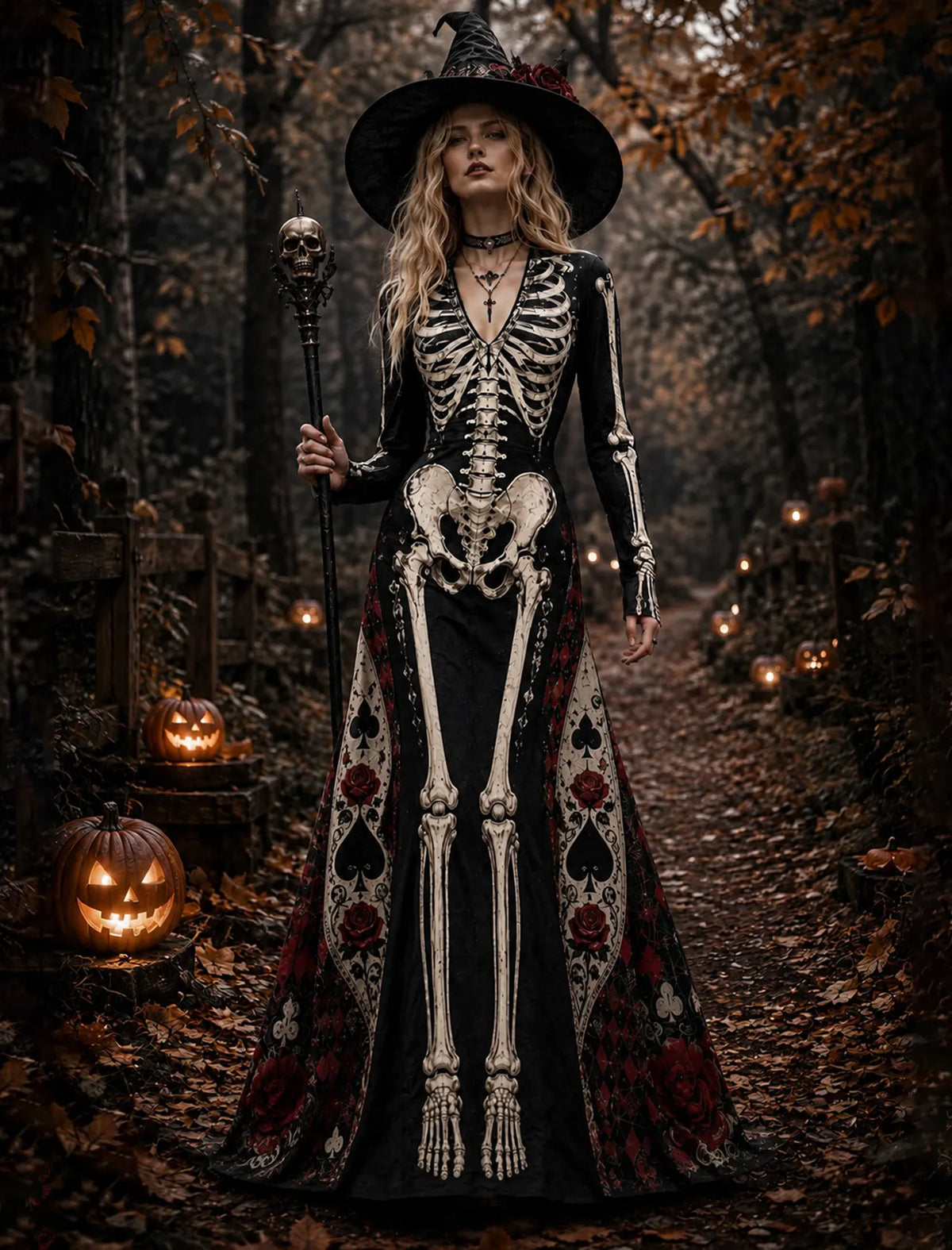 Women's Vintage Halloween Skeleton With Poker Art Comfy Linen Maxi Dress