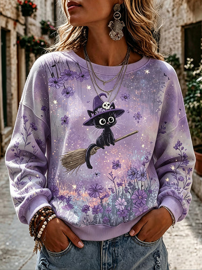 Women's Retro Floral Black Cat Witch Design Crew Neck Sweatshirt