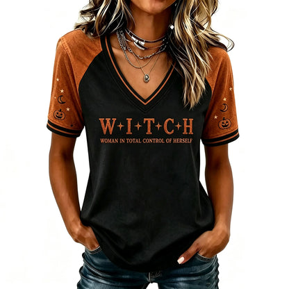 Women's Halloween 'woman In Total Control Of Herself' Printed V-neck Short-sleeved T-shirt